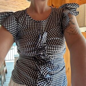 Chelsea28 Navy and White Checkered Ruffle Blouse
